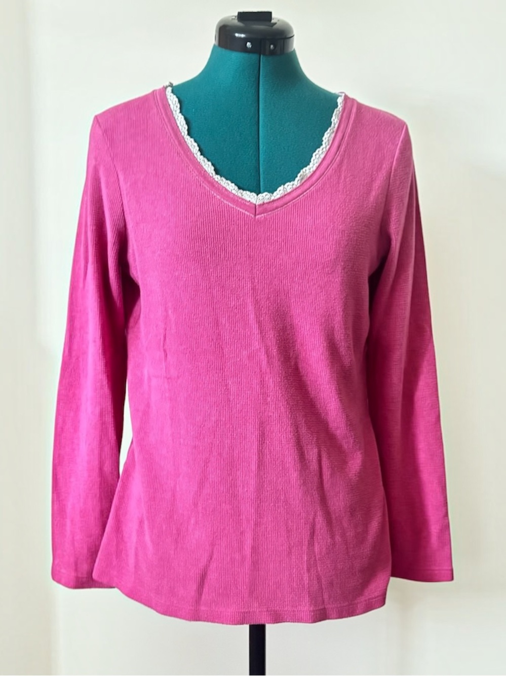 Sonoma Life + Style Pink Lace Trim V-Neck Long Sleeve Waffle Knit Top Size L